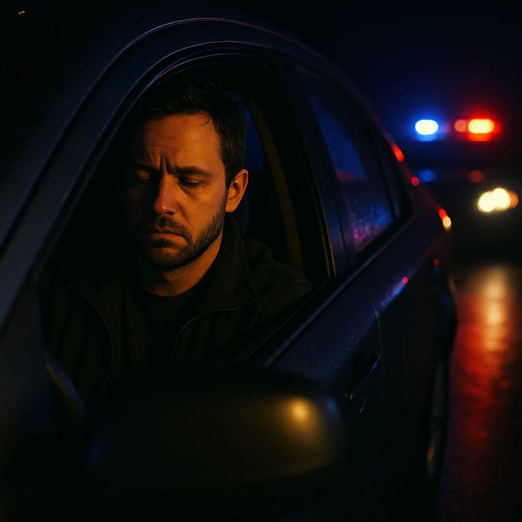 Man in car at night with police lights visible in background, dramatically lit from below